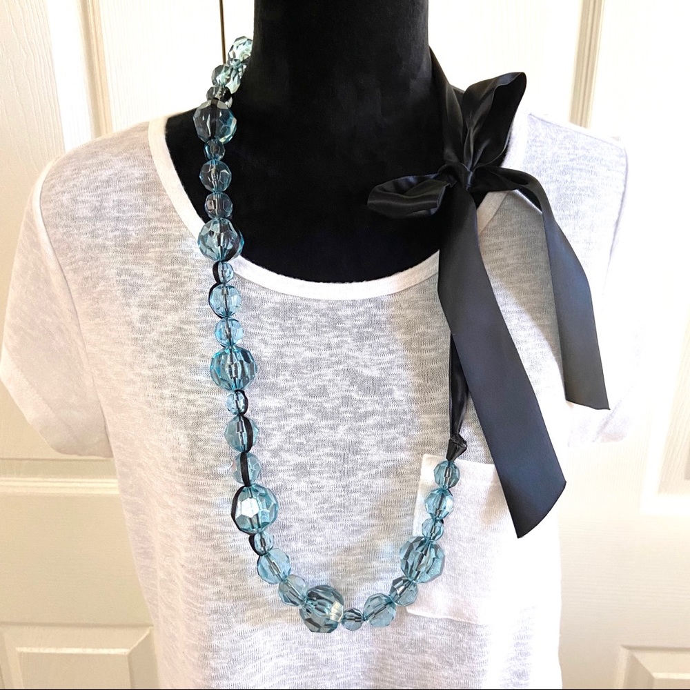 Turquoise Acrylic Bead Necklace on Black Ribbon